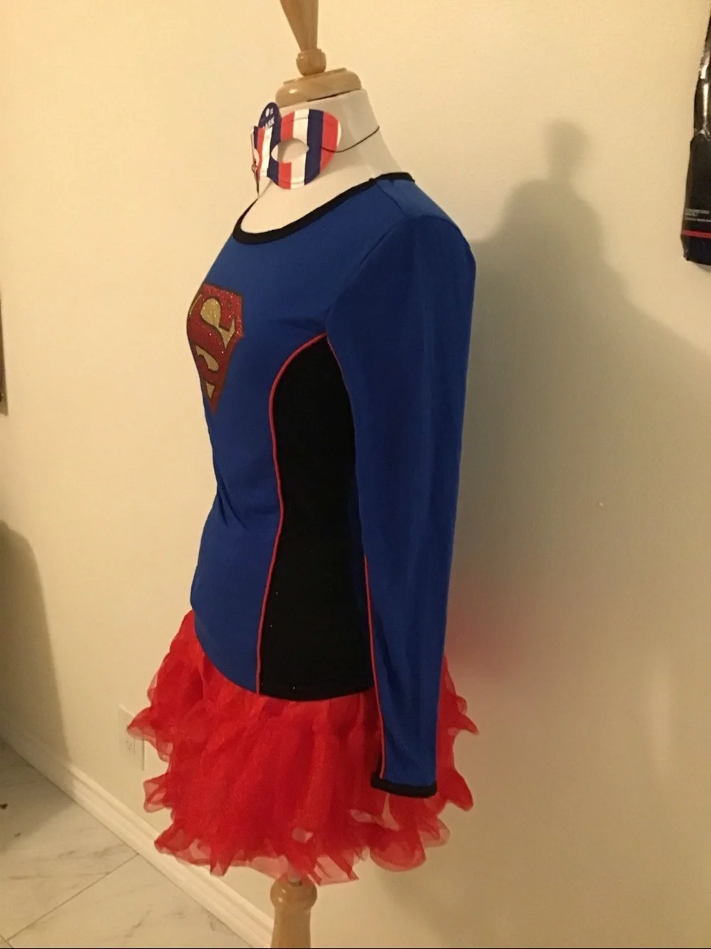Girls Supergirl-Inspired Blue and Red Superhero Costume Dress with Mask